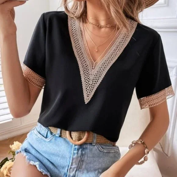 Bohemian V-neck Lace Solid Minimalist Blouse BlacK - Picture 1 of 6